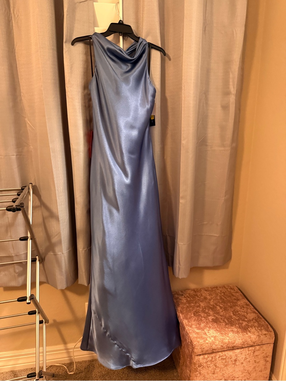 Elegant Light Blue Satin Cowl-Neck Maxi Dress
